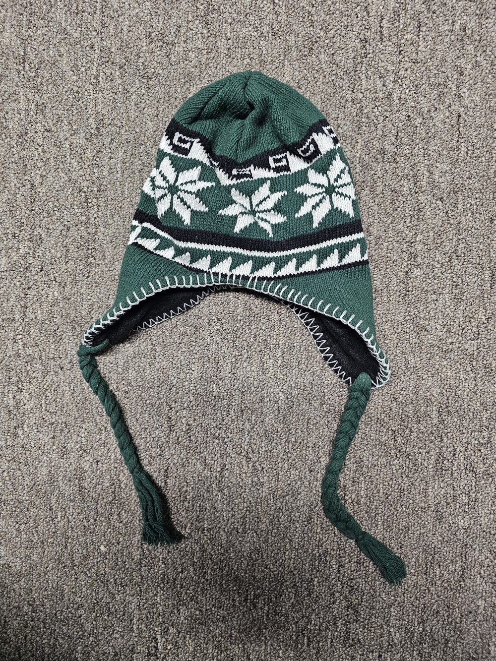 Kids Green Knit Earflap Winter Hat with Snowflake Pattern